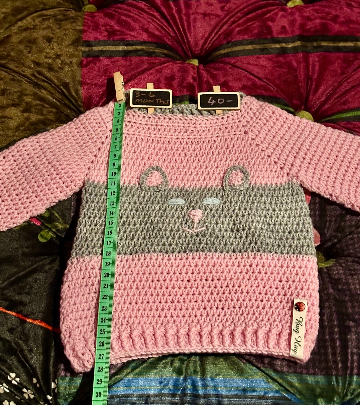 Baby - Hand Crocheted Merino Cat Jumper - Approx 3-6 months