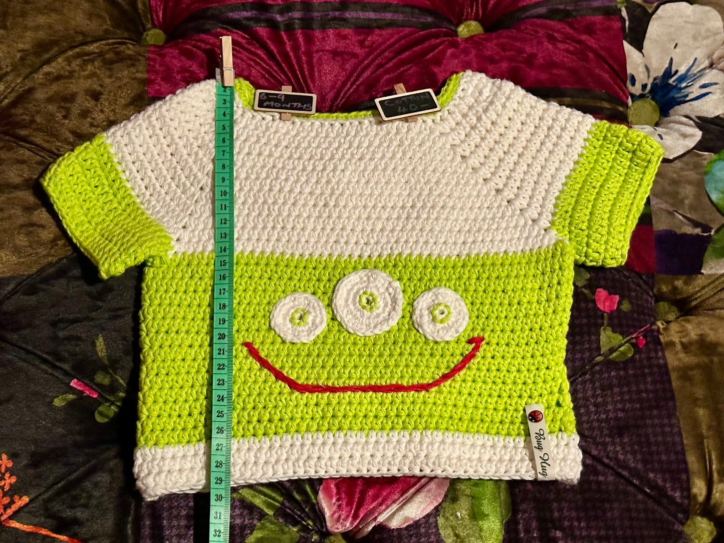 Hand Crocheted Short Sleeved Cotton Alien Jumper - approx 6-9 months