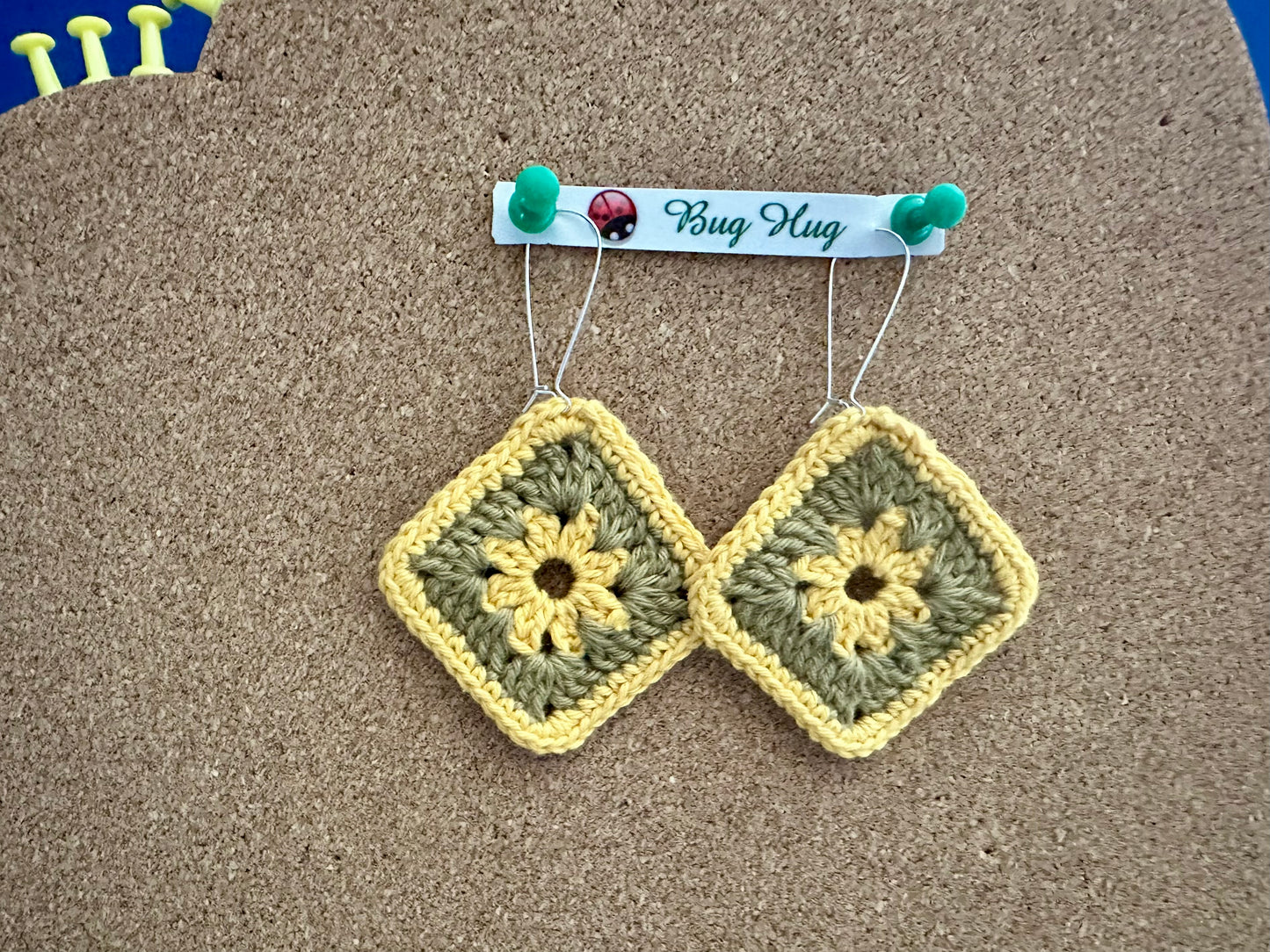 Earrings - granny squares - green and yellow