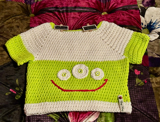 Hand Crocheted Short Sleeved Cotton Alien Jumper - approx 6-9 months