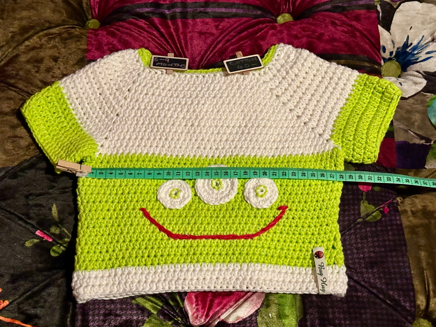 Hand Crocheted Short Sleeved Cotton Alien Jumper - approx 6-9 months