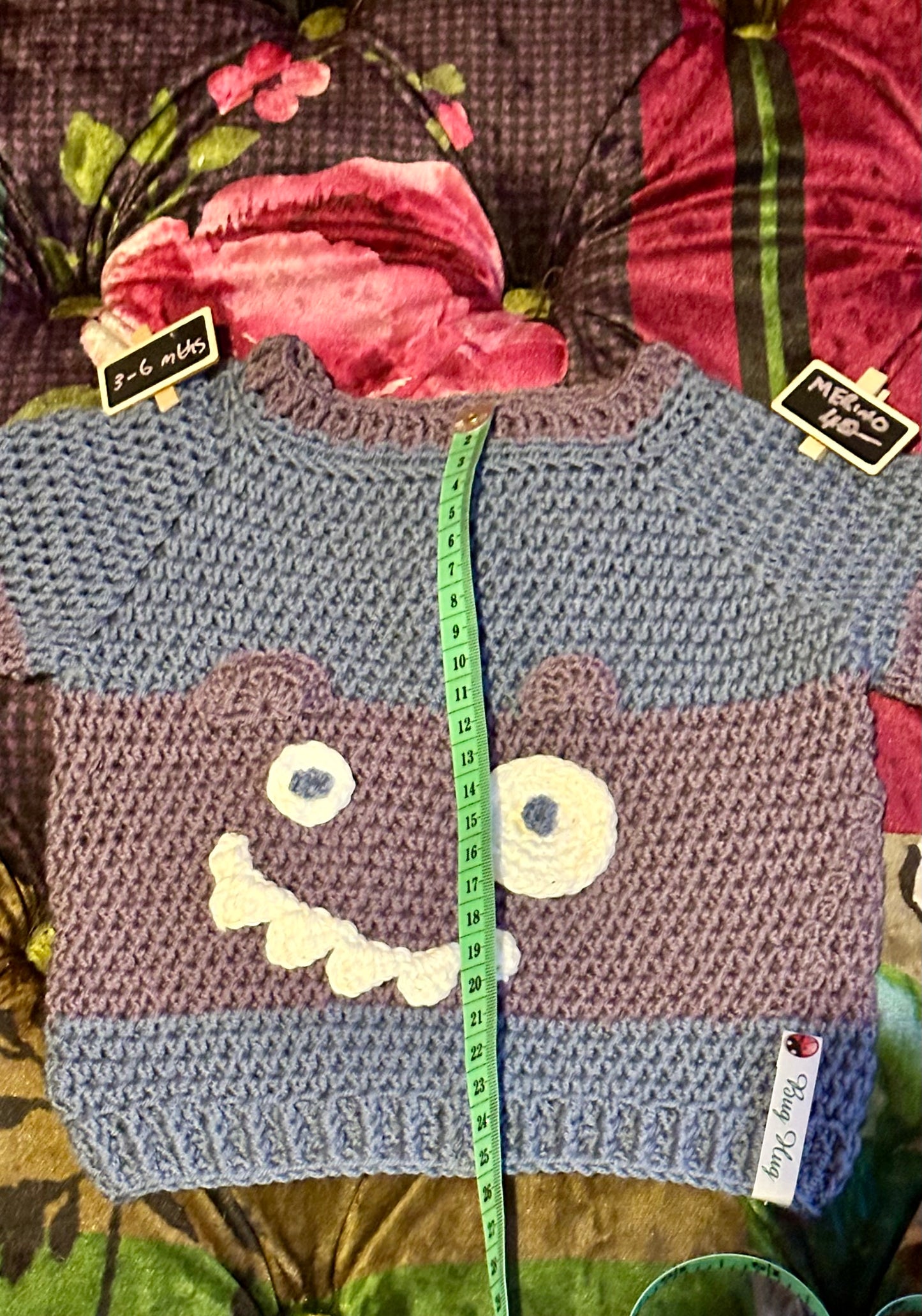 Hand Crocheted Merino Monster Jumper -approx 3-6 months