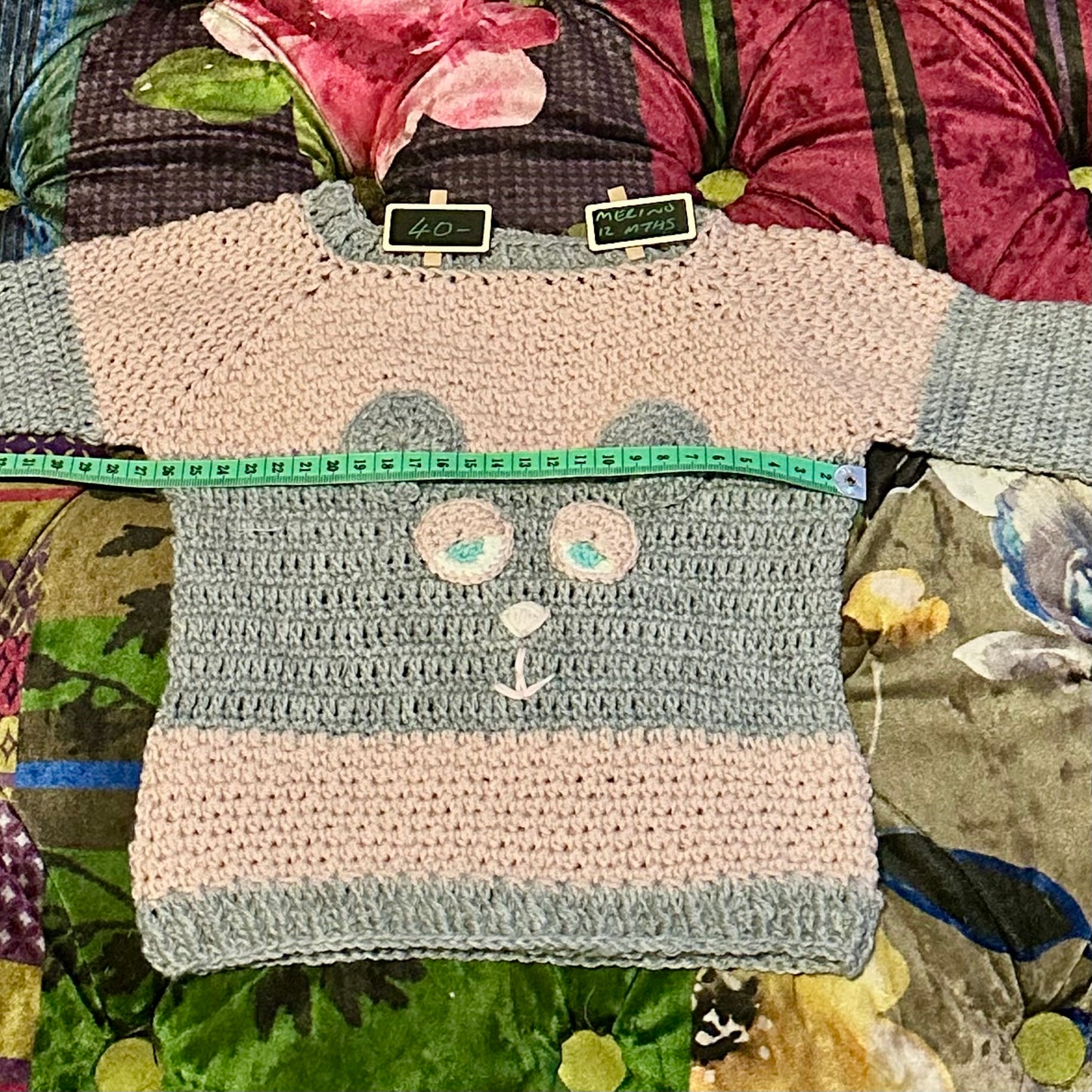 Hand Crocheted Merino Sleepy Bear Jumper - approx 12 months