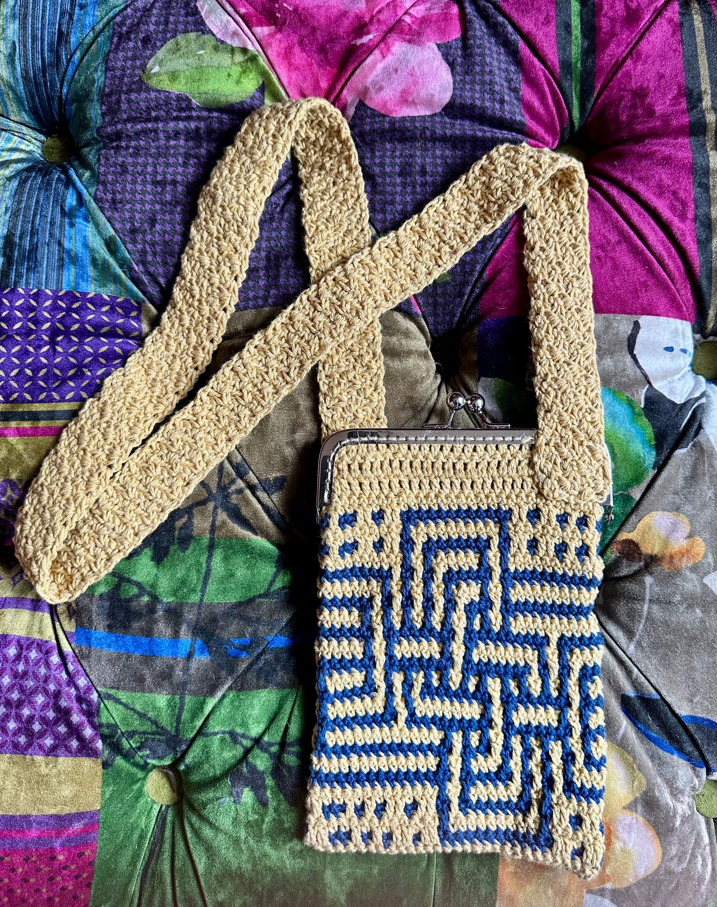 Mosaic Crochet Cross Body Bag With Clasp - Hand Crocheted