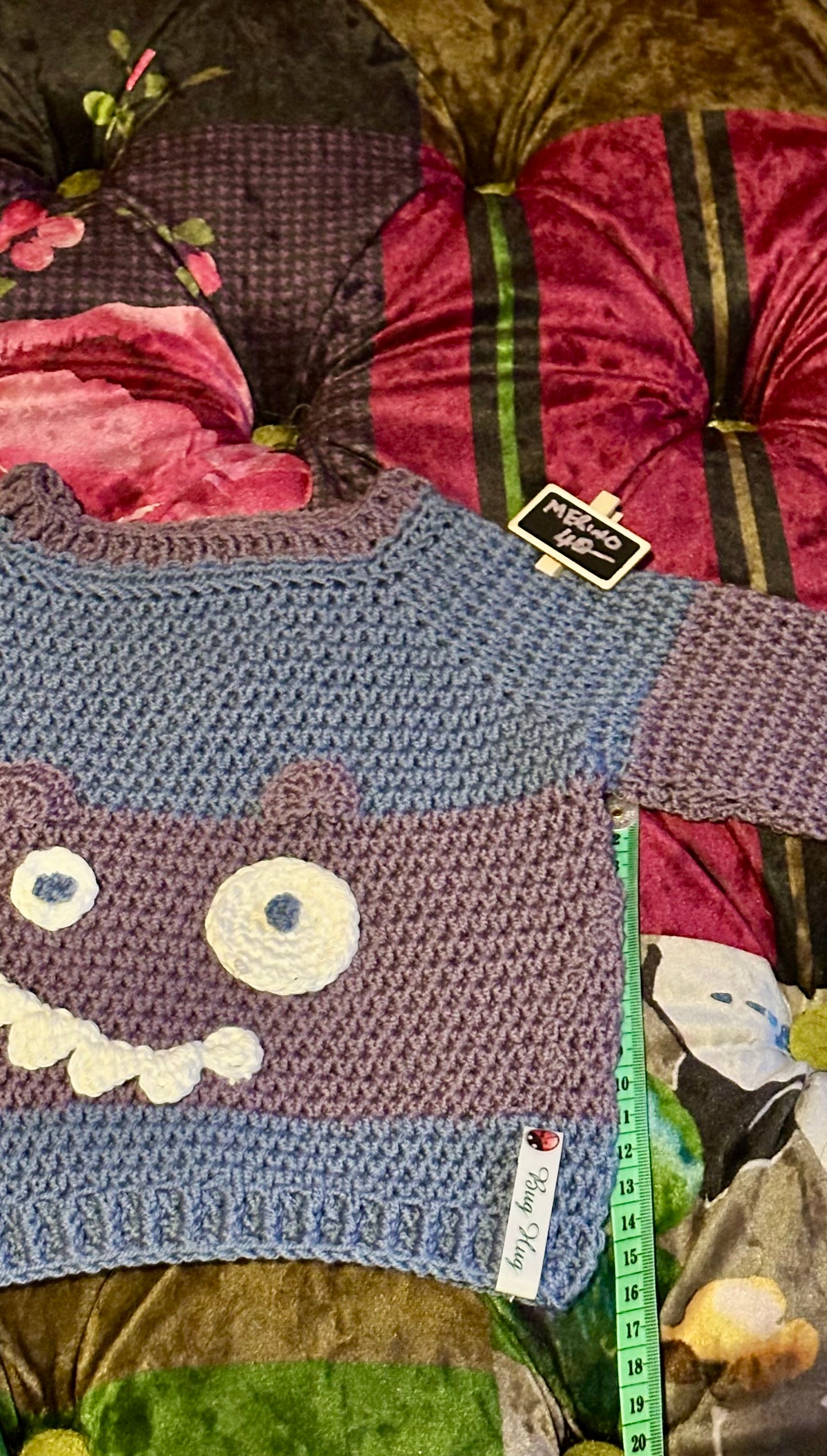 Hand Crocheted Merino Monster Jumper -approx 3-6 months