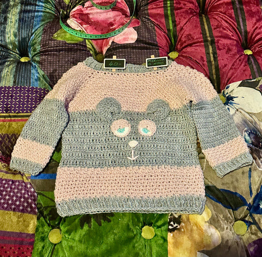 Hand Crocheted Merino Sleepy Bear Jumper - approx 12 months