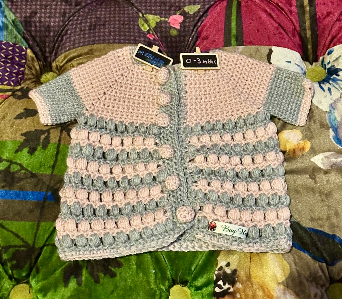 Hand Crocheted Merino Baby Jacket - approx 0-3 months