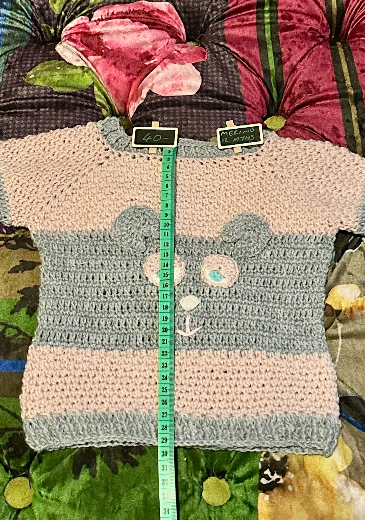 Hand Crocheted Merino Sleepy Bear Jumper - approx 12 months