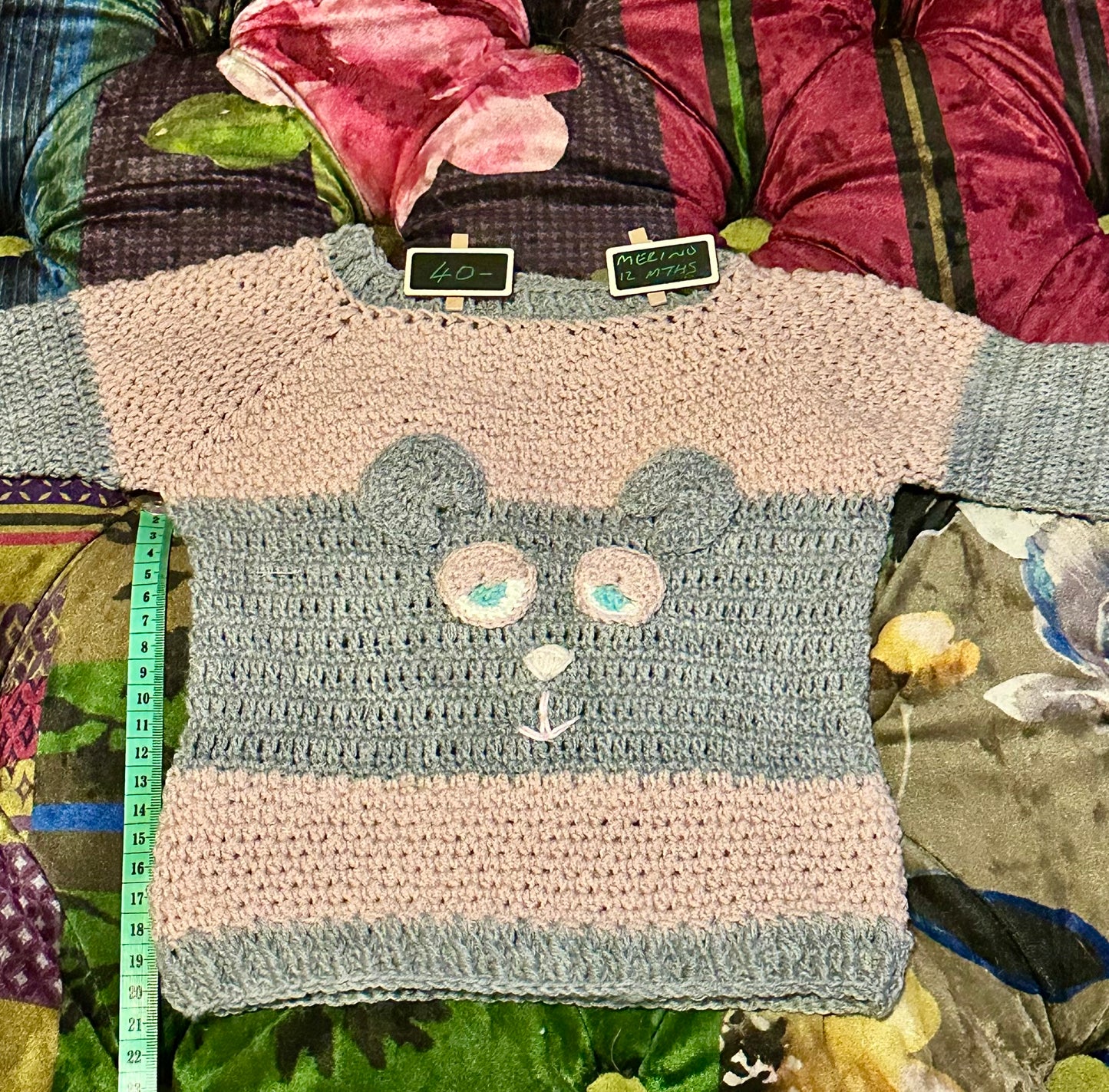 Hand Crocheted Merino Sleepy Bear Jumper - approx 12 months