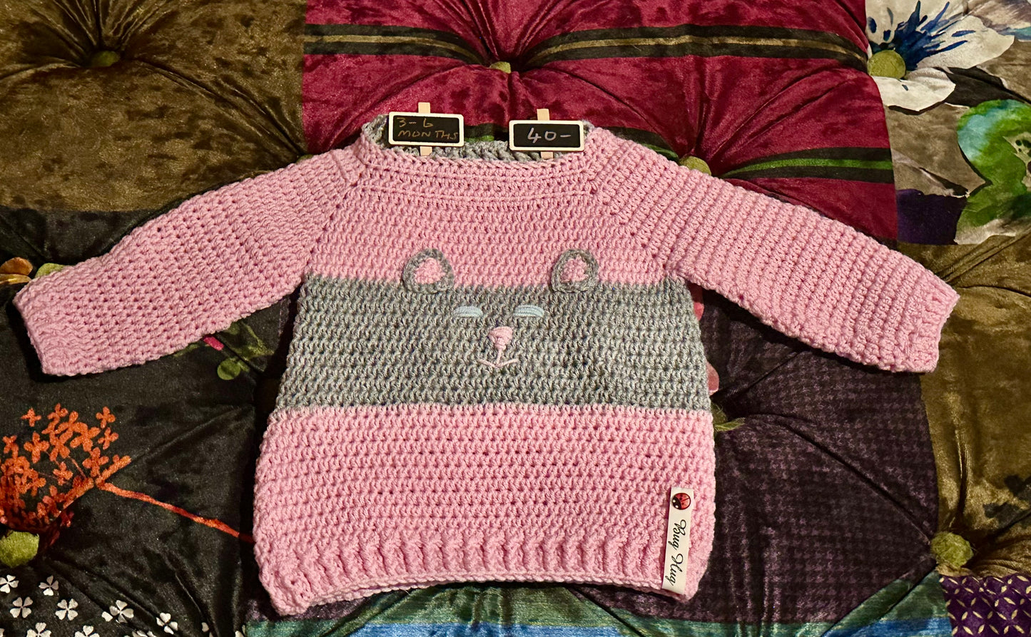 Hand Crocheted Merino Cat Jumper - Approx 3-6 months